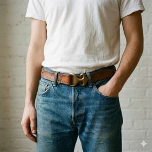 Vintage Solid Brass Belt Mens 34 Brown Leather Western 90s Bohemian